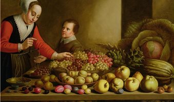 girl-selling-grapes-from-a-large-table-laden-with-fruit-and-vegetables-floris-van-schooten