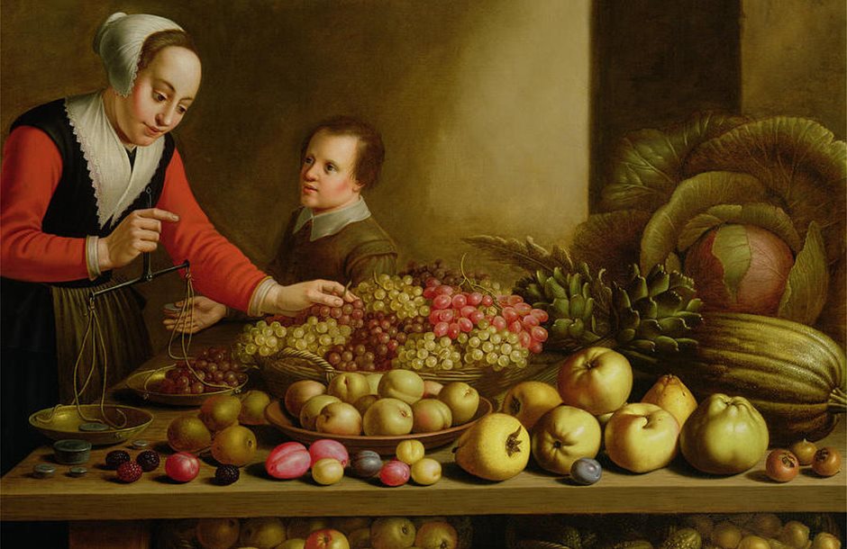 girl-selling-grapes-from-a-large-table-laden-with-fruit-and-vegetables-floris-van-schooten