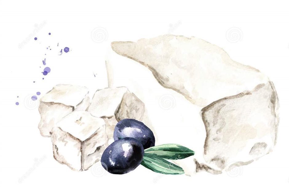 greek-feta-cheese-block-olive-watercolor-hand-drawn-illustration-isolated-white-background-backgroundnz-112770980